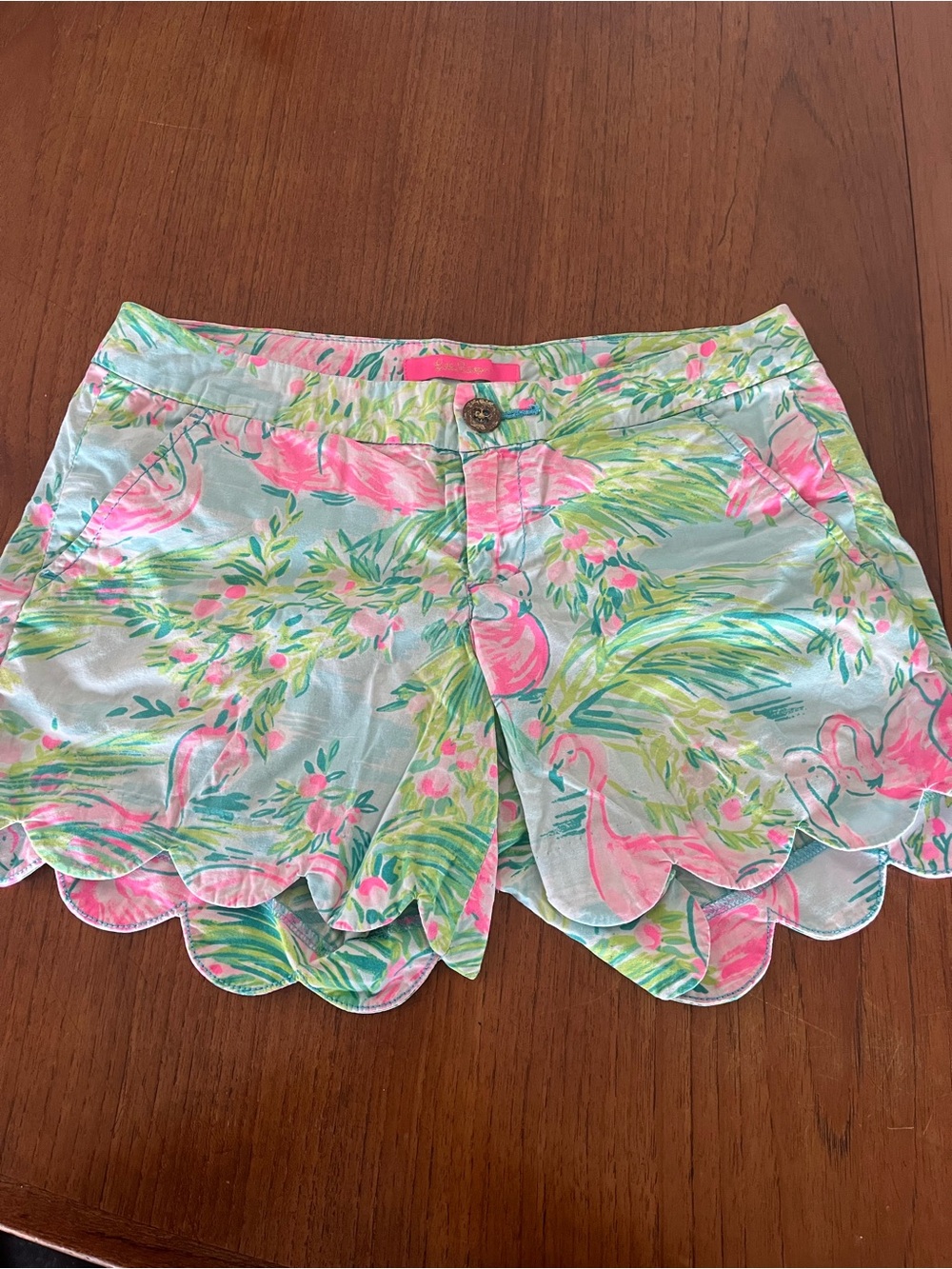 Lilly Pulitzer Buttercup Scallop Hem Tropical Shorts Pink & Aqua Flamingos Sz 0